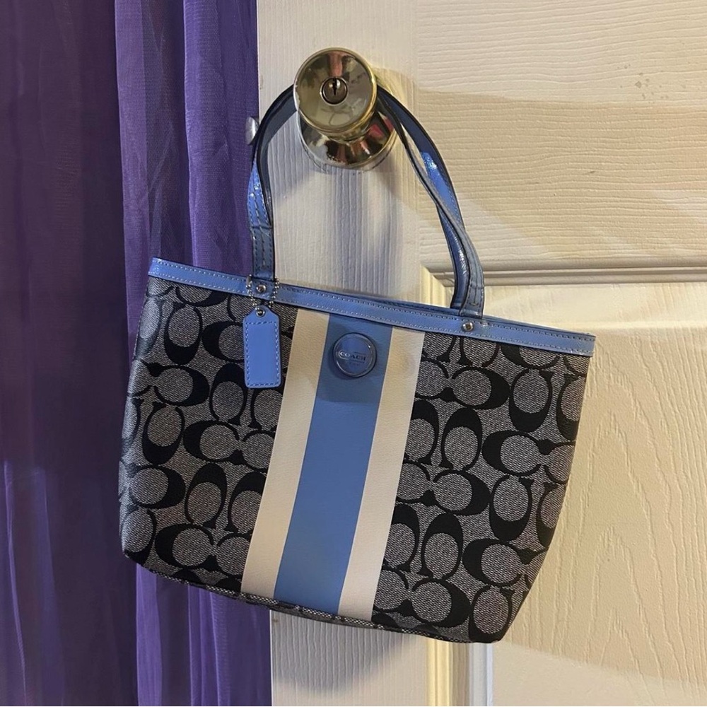 Coach Monogram Stripe Tote in Black, Blue, and White